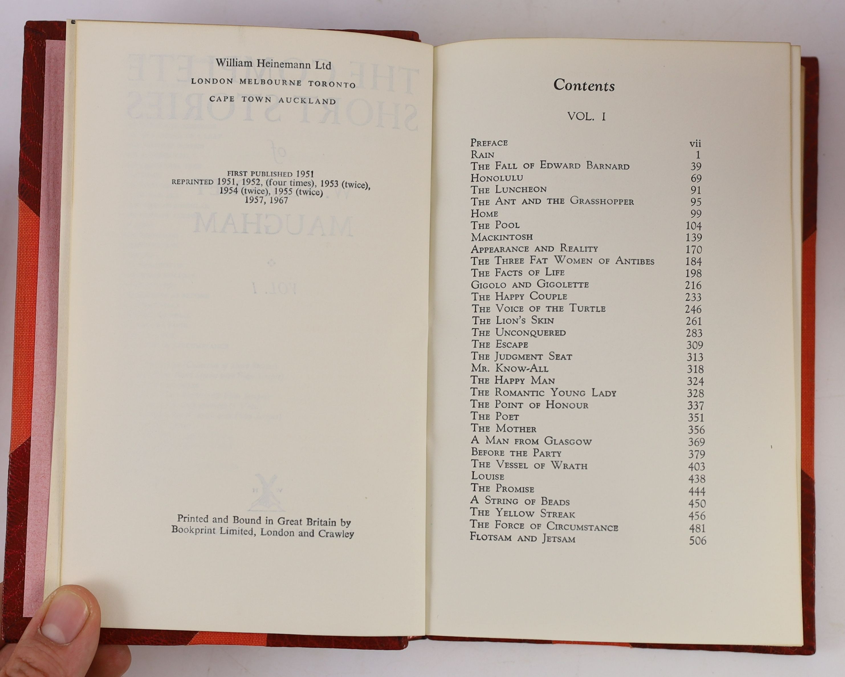 Maugham, William Somerset - The Vagrant Mood, 1st edition, one of 500, signed, 8vo, calf gilt by Sangorski and Sutcliffe, William Heinemann, London, 1952 and The Complete Short Stories, 3 vols, 8vo, red morocco gilt, Lon